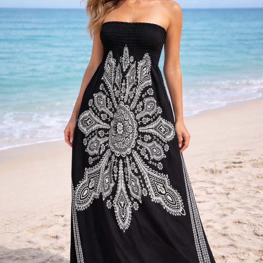 Venus Black Strapless Maxi Dress with White Pattern